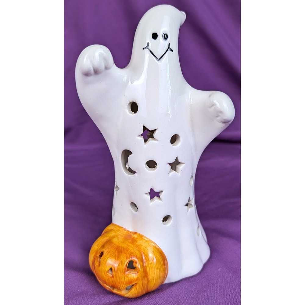 Vintage Ceramic Ghost Pumpkin Jack O Lantern Tea Light Holder Stars Moons